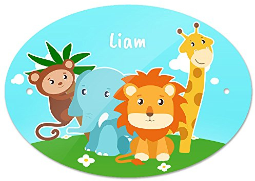 Türschild mit Namen Liam und schönem Tier-Motiv mit AFFE, Elefant, Löwe und Giraffe für Jungen | Kinderzimmer-Schild