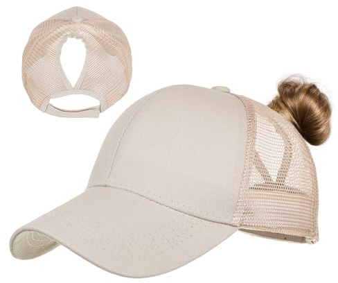 TMEOG Baseball Cap Damen Basecap Frauen Kappe mit Netz Pferdeschwanz Cap mit Loch für Zopf Baseballkappe Sommer Cappy Unifarben Sportkappe Atmungsaktiv(Khaki)