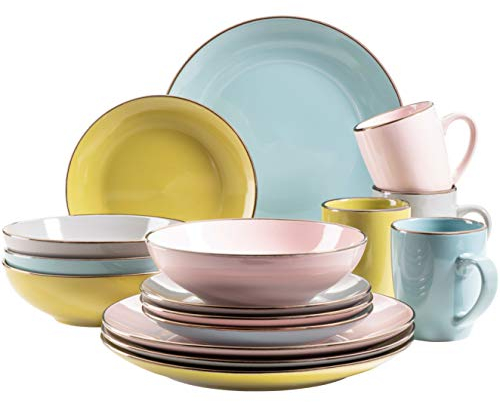 MÄSER 931726 Metallic Rim, set di stoviglie moderne per 4 persone con bordo in ottone, servizio combinato da 16 pezzi con forme coupe senza bordi, colorato, gres porcellanato, Fresh