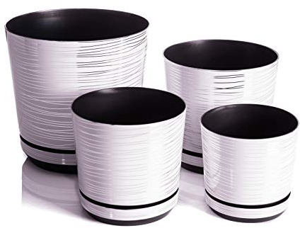 KORAD Übertöpfe Satz 4 Stück Weiß mit Streifen 16 cm, 18 cm, 21 cm, 26 cm - dekorative Übertöpfe in 4 der Größe von 16 cm, 18 cm, 21 cm, 26 cm für Blumen, Kräuter, Pflanzenkompositionen. OSL S4/171