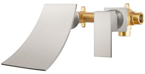 Airuida Wall Mount Bathtub Faucet, Tub Filler with Waterfall Tub Spout, Single Handle Bathroom Mixer Tap Brass Rough-in Valve Included Brushed Nickel