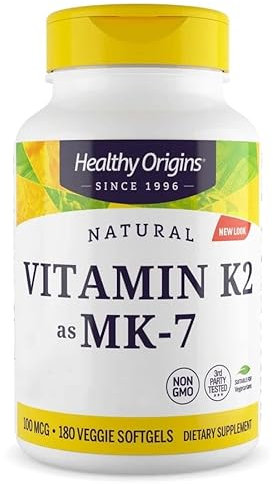 Healthy Origins, Vitamina K2 como MK7, 100mcg, 180 Cápsulas blandas vegetarianas, Probadas en Laboratorio, Altamente Dosificadas, Sin Gluten, Sin Soja, No GMO