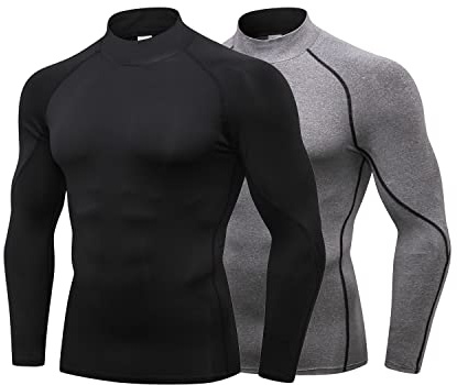 LANBAOSI Paquete de 3/2 camisas de cuello alto con compresión para hombre, de manga larga, con protección solar, para enfriamiento, ropa de entrenamiento para el gimnasio, Negro y gris., M