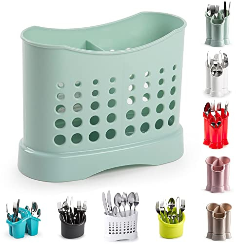 2 Compartment Sink Tidy Cutlery Drainer Holder, High Grade Plastic Utensil Drying Caddy for Kitchen & Home, Rustproof Storage Organiser for Washed Cutlery & Utensils, Mint Green Design 1