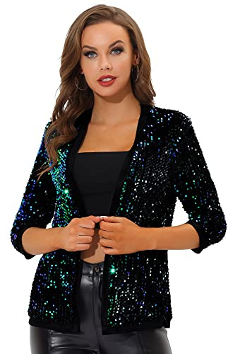 Allegra K Damen Pailettenjacke Glitzer Elegant Blazer Langarm Pailletten Party Club Offen Jacke Jacken Grün XS