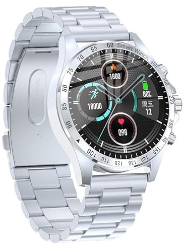 findtime Smartwatch aus Edelstahl für Herrenuhr Damen 1,28 Zoll Smartwatch Sport Monitor Herzfrequenz Schrittzähler Kalorienzähler Wasserdicht bis 3 ATM Stoppuhr 24 Sportmodi, silber, Modern
