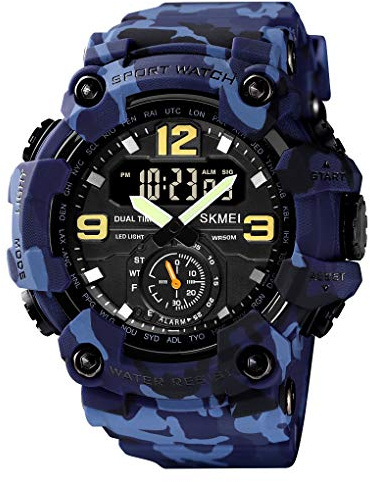 Yuxier Montre militaire pour homme - Motif camouflage - Étanche - Date - Multifonction - Avec alarme LED - Plusieurs heures, bleu
