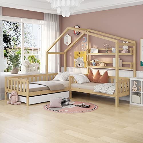 Merax Hausbett mit Schubladen und Regalen, Kinderbett 90x200 cm and 140x70cm, Massivholz Spielbett mit Zaun und Lattenrost, L-Struktur, für 2 Kinder Doppelbett (Doppel(B), 200x90cm)