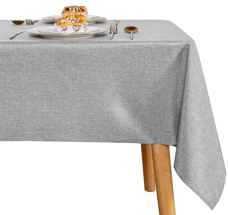 JIUZHEN Hellgrau Tischdecke Abwischbare Leinenoptik Tischdecken Eckig | Leinen Stoff Tischtuch Picknick Camping Innen Außen 135x260cm Hellgrau