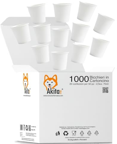 AKITAInk 1000 bicchierini caffè carta 75ml biodegradabili, Bicchieri caffe di Carta Monouso, Usa e Getta Ecologici Biodegradabili Piccoli Asporto Bevande Calde