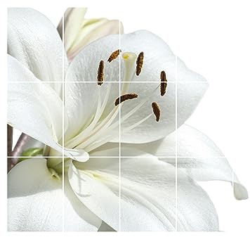 GRAZDesign Fliesenaufkleber Bad & Küche 15x20cm - 18 Stück | Motiv weiße Lilie wasserfeste & selbstklebende Klebefliesen | Fliesenfolie 90x60cm