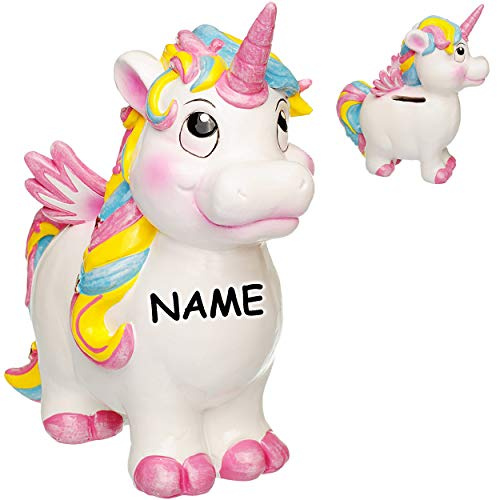 alles-meine.de GmbH große Spardose - süßes Einhorn - inkl. Name - stabile Sparbüchse - aus Kunstharz/Polyresin - mit Verschluss - 17,5 cm - Sparschwein - für Kinder & Erwachsen..