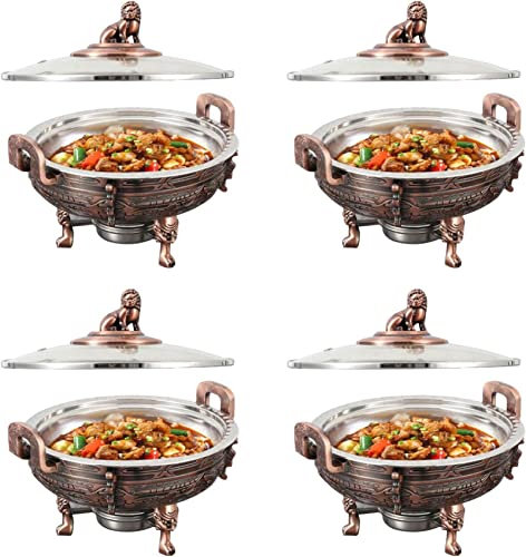 Red Bronze Chafing Dishes & Food Warmers,Set For Kitchen Party Buffet Round Chafer Catering Server With Food Pan And Fuel Holders (4 Pack)