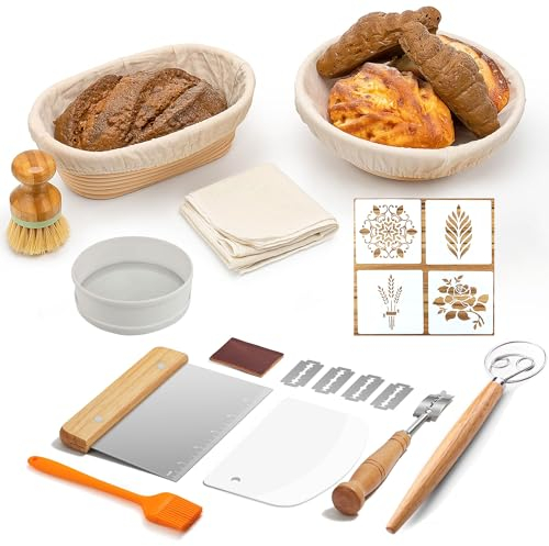 Boyun Banneton Proofing Basket Round and Oval - Natural Rattan Cane Sourdough Proving Set With Bread Lame, Dough Scraper, Sisal Brush, Cover for Bread Making