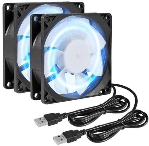 Lot de 2 ventilateurs 80 x 80 x 25 mm - 80 mm - Pour ventilateur CC - 5 V - USB 8025 - LED bleue - Sans balais - 8 cm - Pour boîtier PC, processeur
