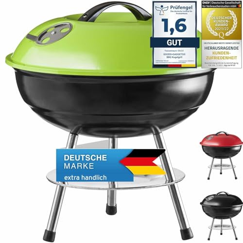GOODS+GADGETS® Kugelgrill klein 38cm, Mini Tischgrill Holzkohle Grün | Unterwegs grillen, verstellbares Luftventil, emaillierter Edelstahl, 38x38x40 cm, mobiler Campinggrill, Holzkohlegrill