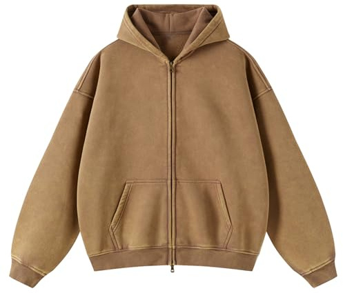 HOUZONIY Herren Fleece-Kapuzenpulli mit durchgehendem Reißverschluss Oversized Basic Zip Hoodie Y2k Hip Hop Sweatjacke Unisex mit Kapuze Pullover Jacke
