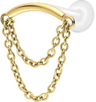PIERCINGLINE PTFE Labret mit Gewinde + Titan-Aufsatz BOGEN + 2 KETTEN Piercing Ohr Hidden Helix Goldfarben 1,6 x 6 mm
