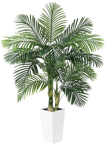 LYERSE 5ft Golden Cane Palm Tree Artificial - Fake Palm Tree with White Tall Planter - Artificial Plants with Realistic Trunk and Palm Leaves for Indoor Home Office Decor