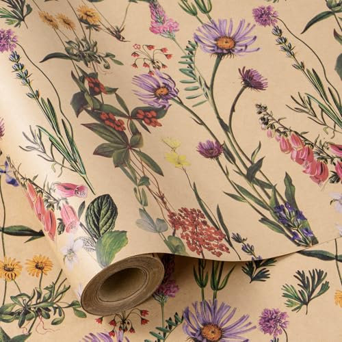 RUSPEPA Kraft Wrapping Paper Roll - Mini Roll - Wild Flower Design Great for Birthday, Party, Baby Shower - 43.2cm x 10m