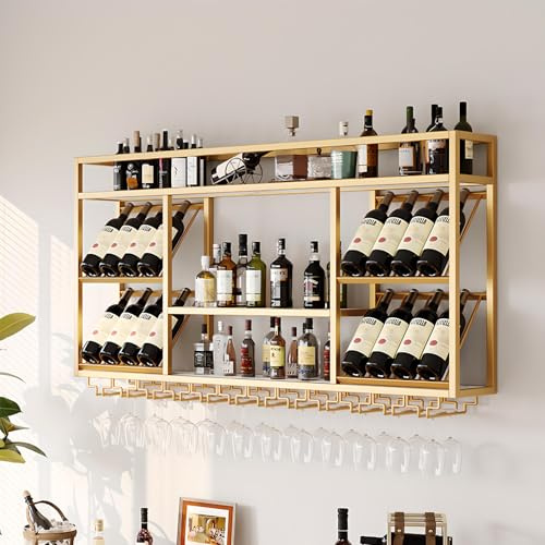 amhricho Wandweinregal Metall, Industrielles Wandmontierte Weinregal mit Glashalter, Schwebendes Regal für Bareinheiten, für Zuhause, Restaurant, Bar (Gold, 140 * 25 * 70CM)