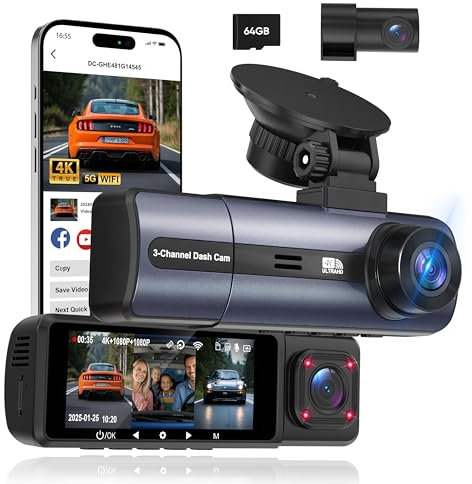 ORSKEY 3 Channel 4K Dash Cam with APP Control & 5GHz WiFi, 4K/2.5K+1080P+1080P Front Inside and Rear, Triple Dash Camera with 64GB Card, G-Sensor, 24 Hours Parking Mode, Loop Recording, Max 256GB