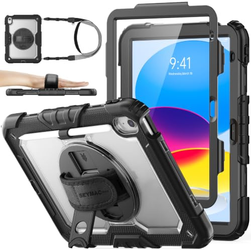 SEYMAC stock Case for iPad (A16) 11th/10th Generation 11''/10.9'' 2025/2022 | Heavy Duty Shockproof, with Screen Protector, 360° Rotating Stand/Hand Strap, Pencil Holder & Shoulder Strap, Clear