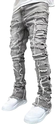 Stretch staplade jeans för herr Slim Fit Ripped Patchwork Frayed Raight Leg Jeansbyxor Distressed Skinny Utsvängda byxor