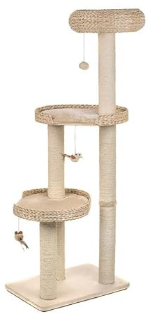 zooplus Kratzbaum Natural Home III | mit großzügigen Schlafplätzen aus Wasserhyazinthe | Bodenplatte aus unbehandeltem Echtholz | DREI Spielfiguren aus Plüsch | Höhe: 154 cm