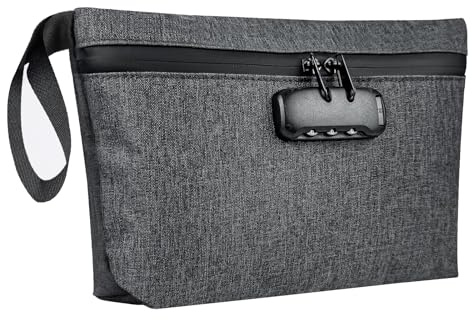 Portafoglio Impermeabile 32×19 cm Lucchetto a Combinazione Fodera Carbonio | Borsa Portaoggetti Antiodore in Materiale Resistente, Protegge Contanti, Passaporto, Documenti e Certificati. Colore: Grigio