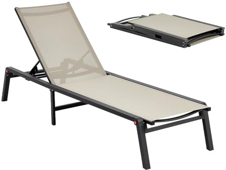 VEVOR Tumbona Plegable, 1110 x 595 x 105 mm, Tumbona Impermeable con 5 Posiciones Ajustables, Sillón de Aluminio Relajante, Carga de 180 kg para Jardín, Playa, Patio, Camping y Terraza, Caqui