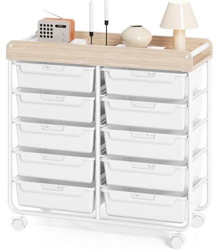 KINGRACK Rollcontainer mit 10 Schubladen, Rollwagen mit Schubladen für Bastelbedarf, Kunstmaterialien, Home Offices und Klassenzimmer (Weiß)