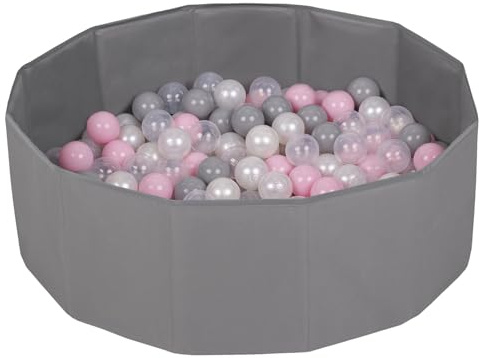 Selonis Piscine À Balles Multicolores Piscine Pliable 200 Balles pour Les Enfant, Gris: Perle/Gris/Transparent/Rose Poudré