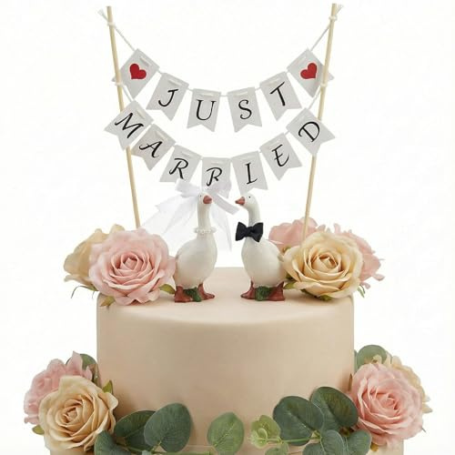 Handmade Goose Bride and Groom Cake Topper with “Just Married” Banner | Rustic Wedding Cake Decoration for Bride, Groom, Engagement Party & Anniversary Celebration