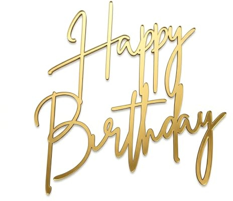 Gold Happy Birthday Cake Topper Acrylic Cake Decorations Mirror Effect Birthday Cake Sign Glitter Party Supplies for Women Men Kids Boys Girls Reusable Cake Accessory No Assembly Required