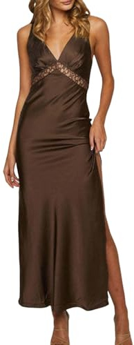 POIUIYQA Robe Maxi en Satin à col bénitier sans Manches, Dos Nu, pour invitées de Mariage, Robe en Soie Dos Nu à Nouer dans Le Dos, Robes Formelles pour Femmes