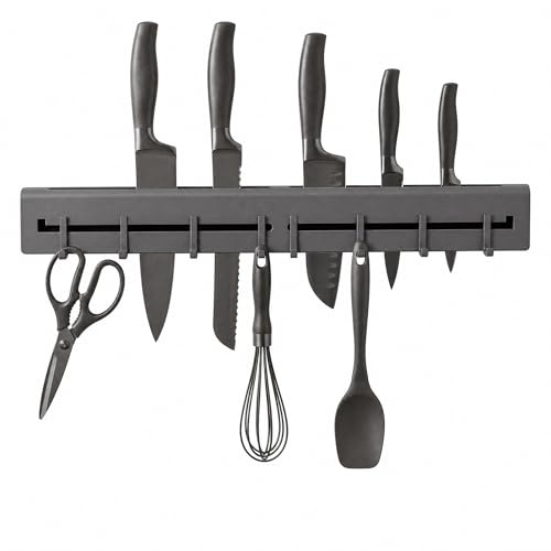 Duronge Support Ustensiles Cuisine Mural, 40 cm Barre de Ustensiles Suspension Autocollant avec 8 Crochets Mobiles, Couteau Mural pour Cuisines, Couloir, Salon