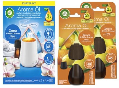 Air Wick Aroma-Öl Diffuser Starter-Set inklusive 1 Gerät, 1x20ml Cotton & Weiße Orchidee & 2x20ml Zitrone & Süße Orange