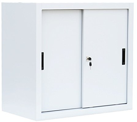 Lüllmann Schiebetürenschrank aus Stahl weiß 750 x 800 x 450 mm | Komplett montiert, Schwebetürenschrank, Büro Aktenschrank, Sideboard, 550087