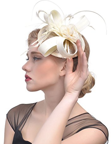 xwanli Elegante Blumen Mesh Netz Schleier Feder Fascinator Haar Klipp Hut Hochzeit Cocktail Stirnband und einem geteilten Clip Cocktail Tea Party Headwear für Mädchen und Frauen