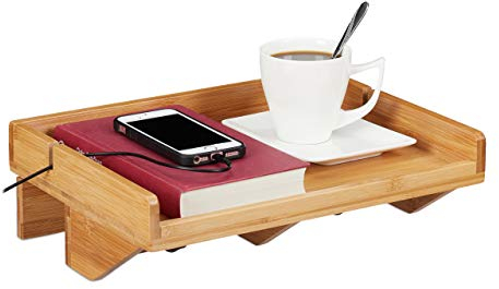 Relaxdays Bettablage, Mini-Nachttisch zum Anklemmen, aus Bambus, platzsparend, Kabelschlitze, Ablage BT 33x24 cm, Hellbraun, Natur