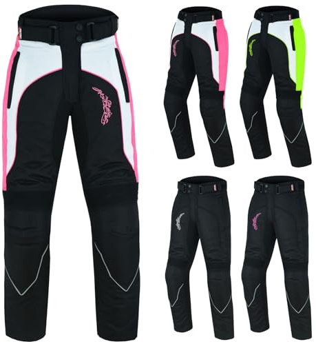 PROFIRST Textile Motorbike Motorcycle Ladies Trousers Waterproof CE Approved Armored Trouser Pant with Detachable Lining (32” Length) (Pink with Pink Flower, M)