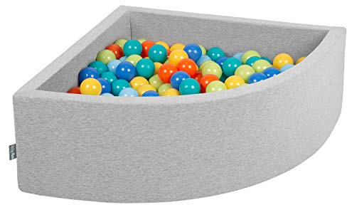 KiddyMoon Viertel Eckig Bällebad Bällepool 90X30cm/200 Bälle ∅ 7Cm Ballgruben Für Babys Spielbad Kleinkinder, Hergestellt In Der EU, Hellgrau:Hgrün/Orange/Türkis/Blau/Babyblau/Gelb