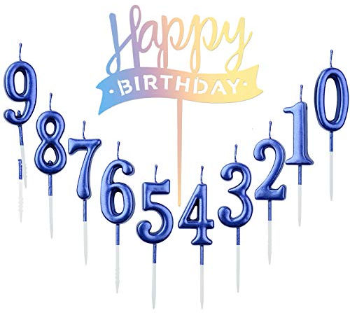 Lot de 10 bougies à chiffre 0 à 9 ans + 1 lettre de joyeux anniversaire à paillettes décoration de gâteau numéro de bougies numériques pour fête d'anniversaire, mariage (bleu)