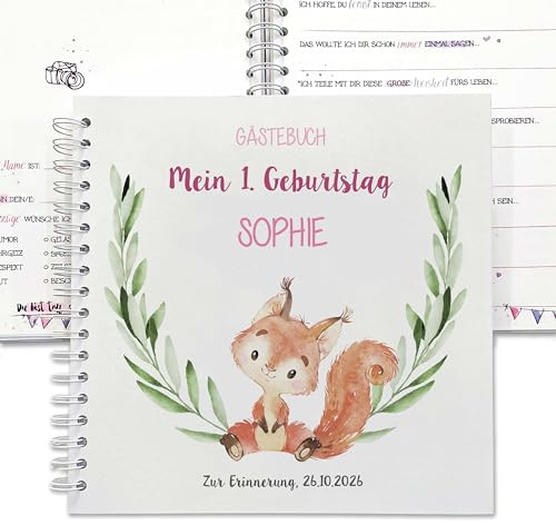 Gästebuch 1.Geburtstag mit Fragen zum Ausfüllen als Erinnerung, personalisiertes Erinnerungsbuch, passend auf für Taufe, Willkommensfeier, Ringbuch für 20-40 Gäste, Mädchen und Jungen, Feenstaub