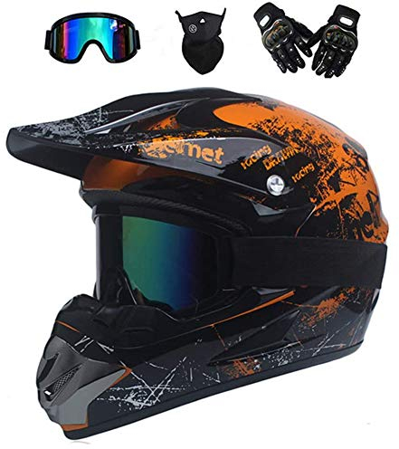 UIGJIOG Motorradhelm,Motocross Helm,Helm Kinder,Helmets Kinder-Cross-Helm, Road Helm mit Handschuhe Maske Brille, ATV Helm,Orange,L(56~57cm)