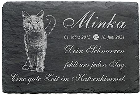 Schiefer KARTÄUSER Katze Tiergrabstein Gedenktafel mit Laser-Gravur wetterfest personalisiert - Wunschname Datum 22 x 16 cm | Dekolando Home Accessoires