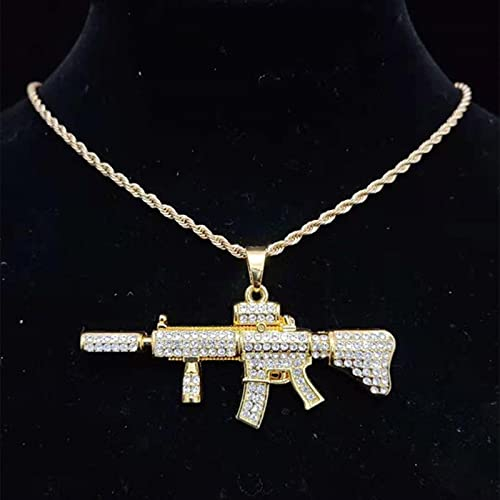zxcs Männer Frauen Hip Hop Submachine Pistole Anhänger Halskette mit 13mm Miami Kubanische Kette Hiphop Halsketten Modeschmuck-Gold,16inch