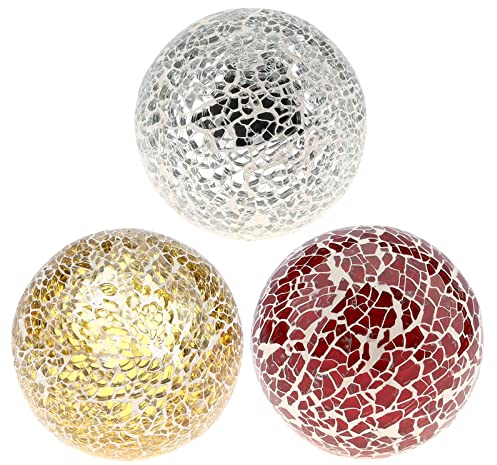 Kepfire 3 Pieces Decoration Balls 8cm Mosaic Glass Sphere Round Orbs Vase Dining Table Decoratives (Silver, Gold, Red)