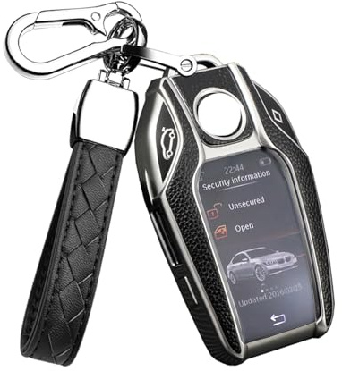 HIBEYO Smart Autoschlüssel Hülle passt für BMW Schlüsselhülle Schutzhülle passt für BMW Neu 5er 7er i8 730li 740li 750li Neuen X3 X7 Schlüsselbox Display Key Schlüsselgehäuse TPU Leder Texture-Silber